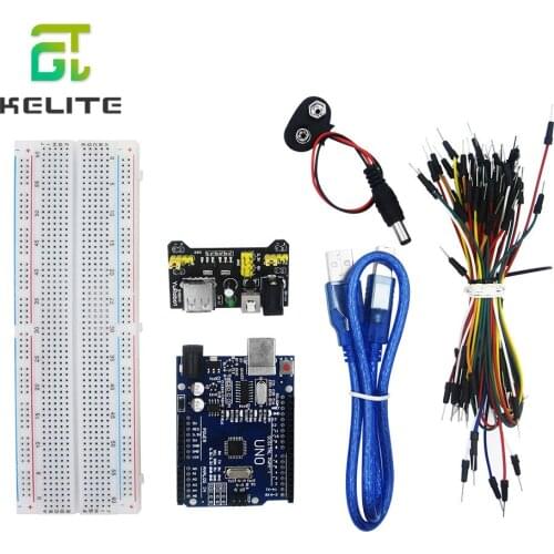 Hot sell! Starter Kit UNO R3 MB-102 830 Points Breadboard 65 Flexible Jumper Wires USB Cable and 9V Battery Connector