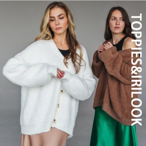 Toppies 2021 Winter Women Cardigan sweater Faux Fur Knitted Sweater Button Green Cardigan Warm Tops