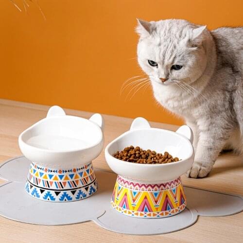 Ceramic Cat Bowl Elevated Raised Dog Food Water Bowls Feeder Stand Pet Dish for Big Flat Faced Kitten Small Puppy Bohemian Style