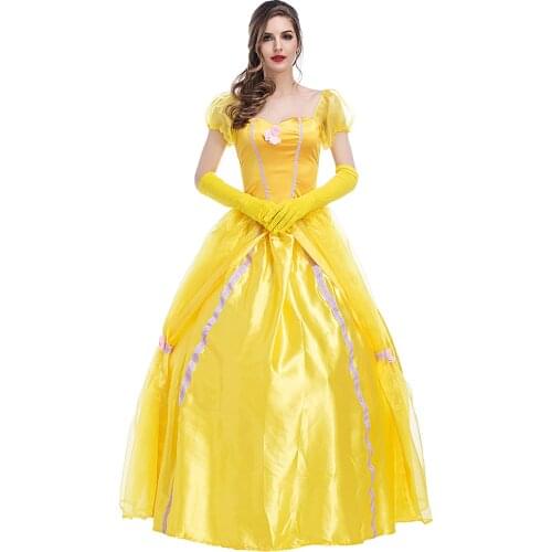Beauty Belle Princess Costume Maxi Dress Ladies Fancy Ball Party Golden Dress Petticoat Set For Adult Women Halloween Beast