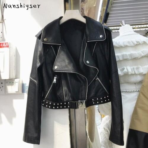 Autumn Women Faux Leather Jacket Casual Loose Soft Pu Motorcycle Punk Leather Coat Female Zipper Rivet Outerwear Cropped Coats