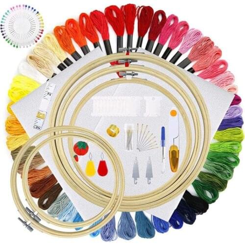 Range of Embroidery Starter Kit 5 Pieces Bamboo Embroidery Hoops 50 Color Threads 2 Pieces Aida Cloth Cross Stitch Tool Kit