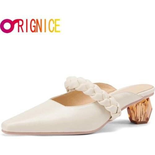 Orignice Women Slippers Woven Band Square Toe Mules Summer Med Heel Slides Sandal Outside Beach Holiday Dress Shoes Plus Size