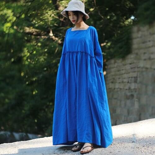 Dress Women Solid Color Long Sleeve Female Spring Autumn Clothes High Waist Slim Cotton Linen Retro Square Collar Women Dress