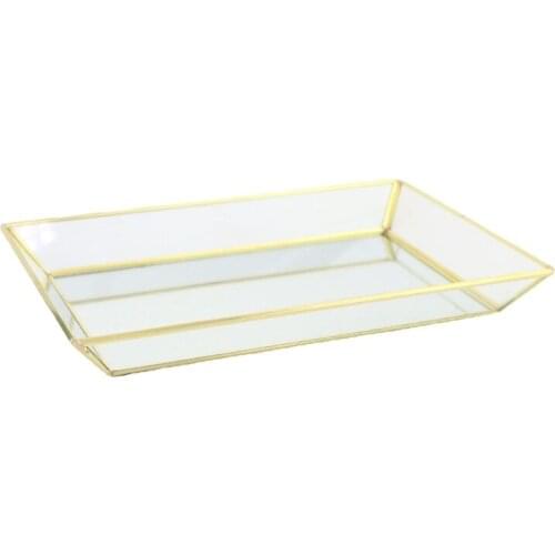 Rectangle Gold Mirror Jewelry Organizer Tray Glass Metal Makeup for Bathroom