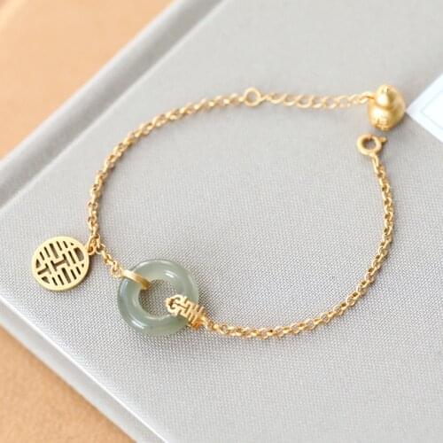 SA SILVERAGE Ladys Bracelet Jade Bracelet Chain Link Bracelets S925 Sterling Silver Buckle Double Happiness Gourd High Grade