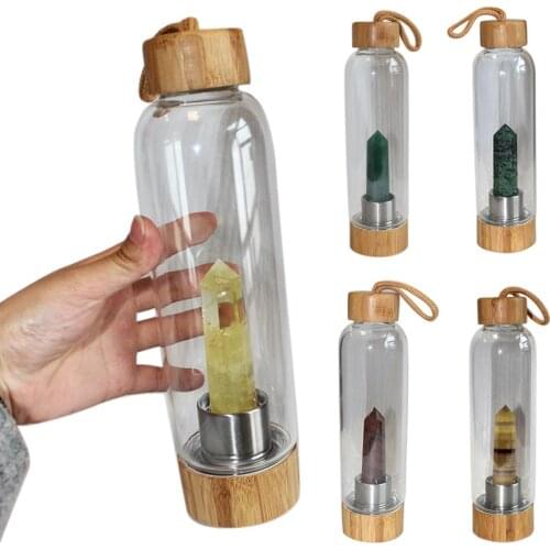 Natural Crystal Column Gemstone Energy Healing Glass Water Bottle Cup Drinkware