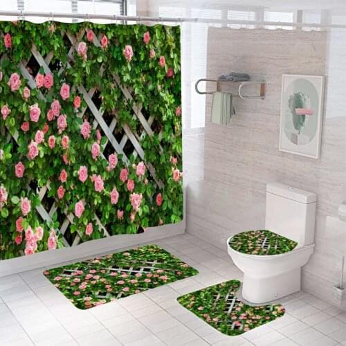 Waterproof Bathroom Shower Curtain Flower Toilet Cover Non-Slip Bath Mat Rug Carpet Set Polyester Washable Home Decor