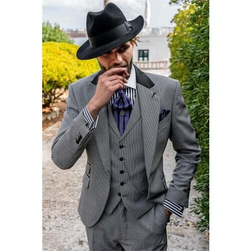 Hight Quality 3 Piece Men Suits Houndstooth Style Costume Homme Slim Party Suits Wedding Tuxedo Terno Masculino Coat+Pant+Vest