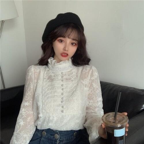 Women Lolita Shirt Long Sleeve Stand Collar Chiffon Blouses With Ruffles Lace Spring Ladies Bow Shirt Royal Style Gothic Shirt