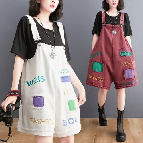 #2376 BlacK White Red Denim Playsuits Women Vintage Jeans Playsuits Female Wide Leg Sleeveless Short Jumpsuit Embroidery Letters