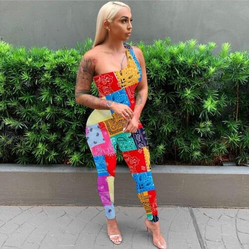 2021 High Quality New Design Jumpsuits Patchwork One Shoulder Sleeveless Summer Casual Bodycon Rompers