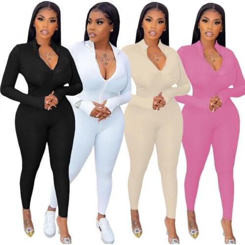 Autumn Women Solid Color Long Sleeve Turtle Neck Ribbed Skinny Jumpsuit Overall Full Sleeve Slim Rompers Ladies Skinny Playsuit