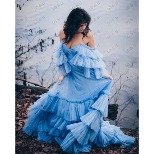 Women Robe Chic Sky Blue See Thru Maternity Tulle Baby-shower Off Shoulder Long Robe To Photography Vestido De Mulher