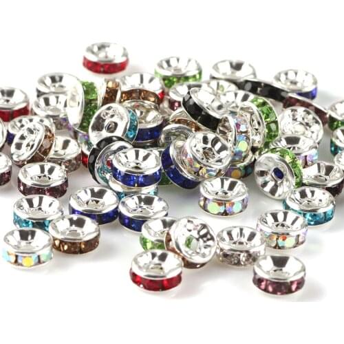 50pc 4mm 6mm 8mm 10mm Multicolor Rhinestone Rondelles Loose Spacer Beads Metal Crystal Beads for Jewelry Making DIY Accessories