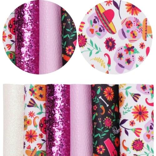 6pcs/set 22*30cm Skull Leather Sheet Set Patchwork Craft faux Leather Glitter Set For Doll Bags Making Festival Party Decor