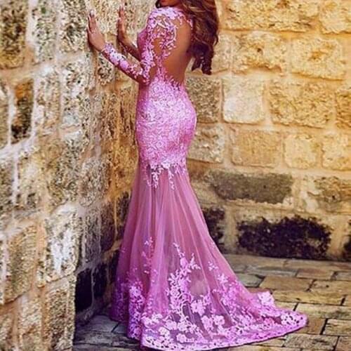 Belle robe de soiree longue Lace Evening Dresses Lilac abendkleider abiye Mermaid Gowns Evening Dubai Evening Dress Full Sleeves