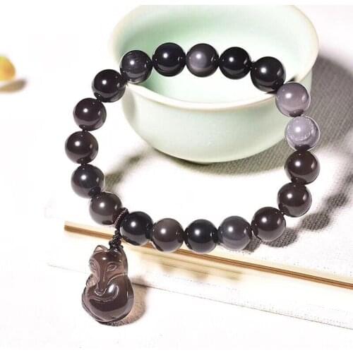 JoursNeige Ice Natural Obsidian Stone Bracelets Fox Pendant 10mm Round Beads Bracelets for Women Men Crystal Bracelets Jewelry