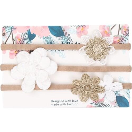 Boutique 10sets 3in1 Fashion Cute Gold/White Flower Nylon Headbands Solid Kawaii Floral Hairband Princess Headwear Accessories