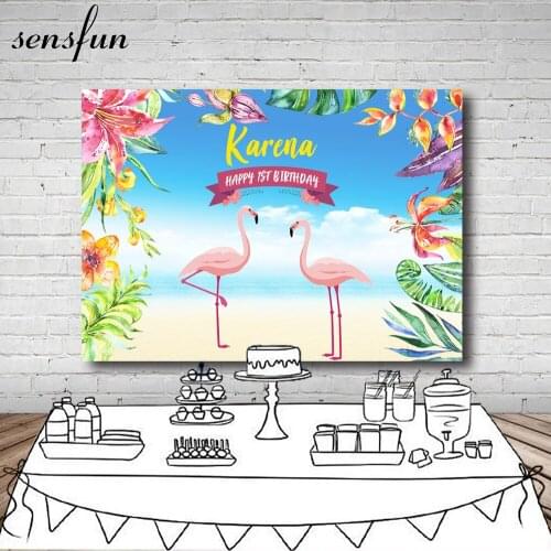 Flowers Flamingo Tropical Rainforest Photography Backdrop Sky Blue Sea Beach Happy Birthday Party Backgrounds 7x5FT