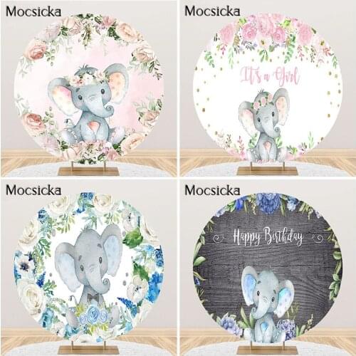 Mocsicka Elephant Party Decoration Backdrop Cute Elephant Baby Shower Bday Party Round Circle Cover Fabric Banner Photocall