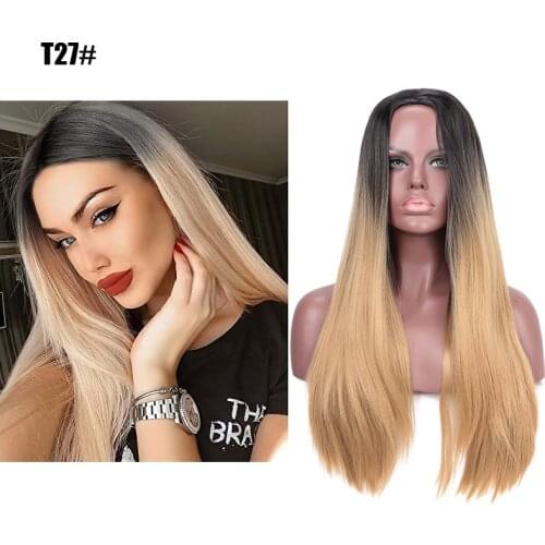Sissis Long Straight Synthetic Wig Ombre Cosplay Wigs With Middle Part Hairline For Women Heat Resistant Fiber Natural Look Wig