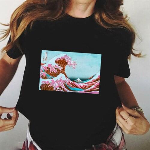Japanese wave t shirt women print harajuku short sleeve balck t shirt fashion casual tops tee aesthetic female graphic t shirt