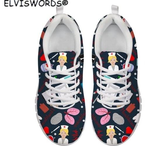 ELVISWORDS 3D Cartoon Doctor Cardiogram Print Comfortable Womens Air Mesh Sneakers Casual Lace Up Sneaker Flats for Ladies New