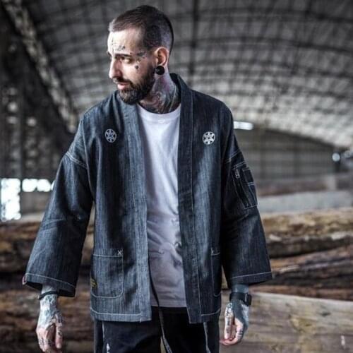 #4205 Japanese Men Kimono Jacket Streetwear Fashion Cardigan Denim Windbreaker Jackets Men Harajuku With Embroidery Plus Size