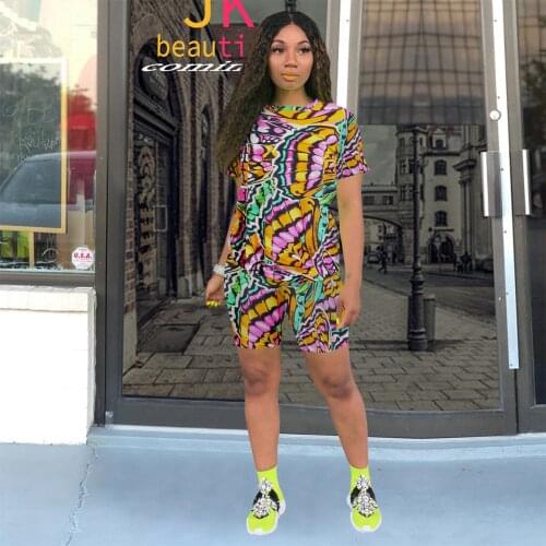 RMSFE 2021 Hot Sale Comfortable Casual Short-sleeved O-neck Clothes + Elastic Belt Butterfly Print Shorts 2 Piece Womens Set