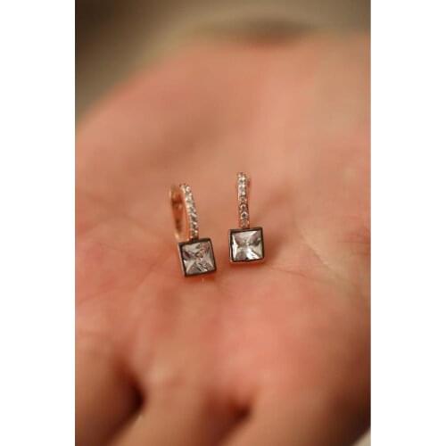 SRO Fashion Square Model Zircon Stone Rose Italian Silver Earrings Modern Design Premium Jewelry For Women Hand Made Comfort