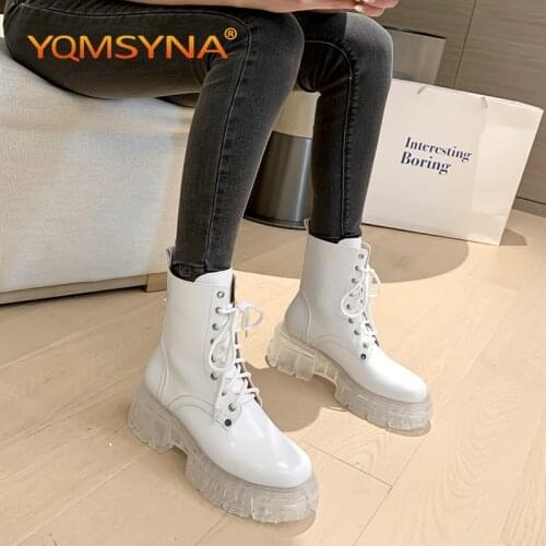 YQMSYNA Fashion Womens Boots Transparent Non-slip Thick Bottom Square Heel Round Toe Boots Convenient Lace-up Lady Shoes AS322