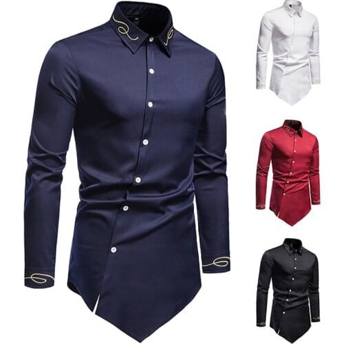 Asymmetric Embroidery Slim Fit Casual Long Sleeve Shirts Mens Western Cowboy Shirt Men Black White Chemise Male Button Up Shirts