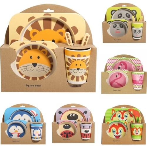 Baby Bamboo Dishes Set Bowl+Spoon+Fork Feeding Food Tableware Eco-friendly Cartoon Aniaml Kid Feeding Bowl Dinner Plate Gift
