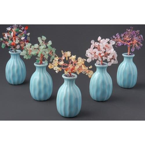 Natural Raw Feng Shui Amethyst Rose Quartz Mini Irregular Crystals Stone Money Tree Copper Wire Wrapped Home Ornament Specimen