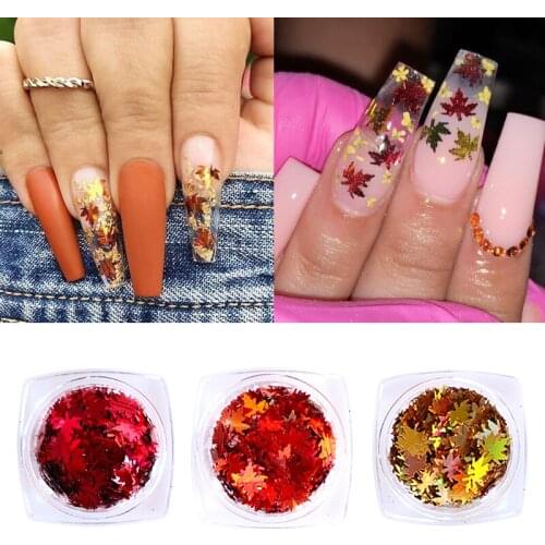 1 Box Holographic Laser Nail Glitter Fall Leaves Shape Chameleon Sequins Flakes Maple Leaf Tool Nail Art Decoration Manicure