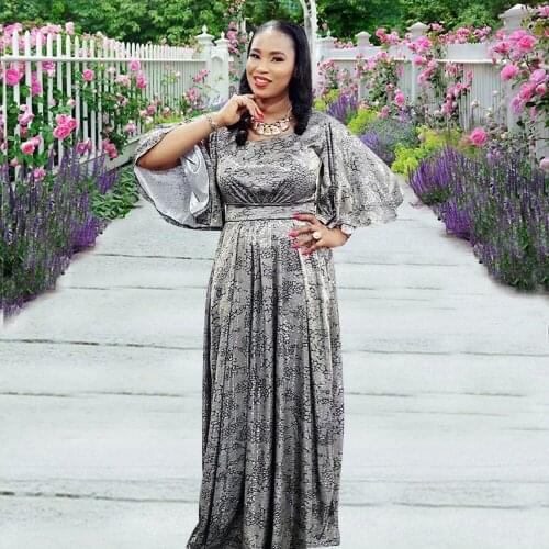 Grey Dresses For Women Summer Round Collar Bat Sleeve Pleated Maxi Dress High Waist Print Femme Elegant Bazin Robe Party