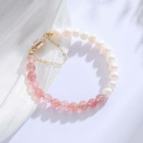 Adjustable Symmetrical White/Pink Natural Freshwater Pearls Strawberry Crystal Beaded Bracelets for Women Fashion Jewelry YBR466