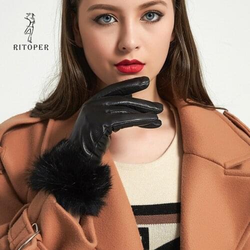RITOPER Winter Women Fashion Genuine Leather Gloves Sheepskin Touch Screen Coral Fleece 100% Rabbit Hair Warm Noble Black Thick