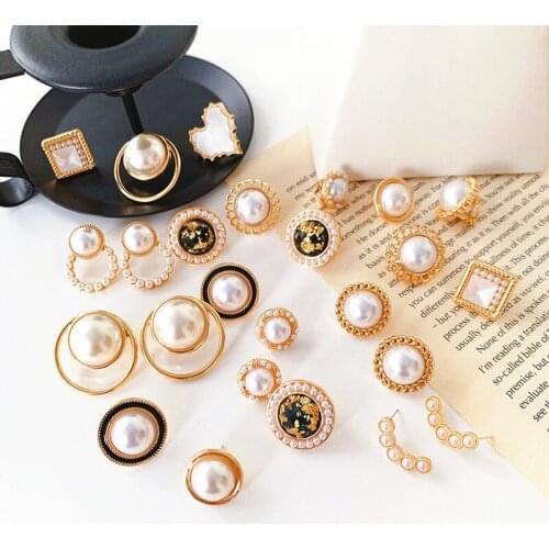 Luxury Pearl Clip Earrings Geometric Round Dangle Women сережки Korea Ins Temperament Ear Pendientes Piercing Jewelry Wholesale