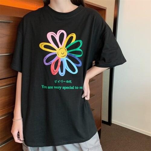 Retro Casual Ins Flower Print T-shirt Womens T-shirts Tops Japanese Kawaii Ulzzang Female Korean Harajuku Clothes For Women