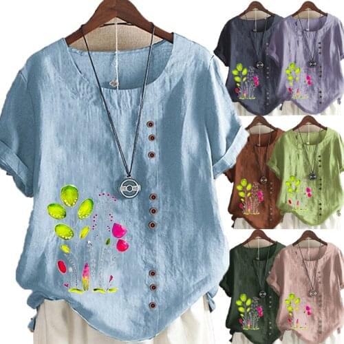 Ladies Summer Casual Vintage Flowers Print Loose T-shirts Cotton and Linen O-Neck Plus Size Short Sleeve Blouse Tops For Women