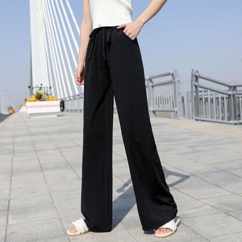 AECU Women Tie Wide Leg Pants Solid Color Pantalones Pleated Pants Female High Waist Plus Size Casual Ladies Culottes Trousers
