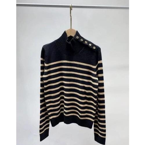 Women Turtleneck Stripes Sweater Shoulder Buttons Long Sleeve Slim Simple Autumn 2021 New Ladies Jumper Knitwear Tops