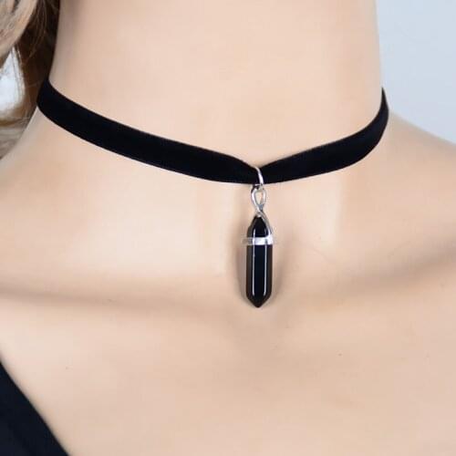 Idealway Gothic Style Black Ribbon Chain Quartzs 6 Colors Natural Stone Choker Necklaces & Pendants Necklace For Women Girl