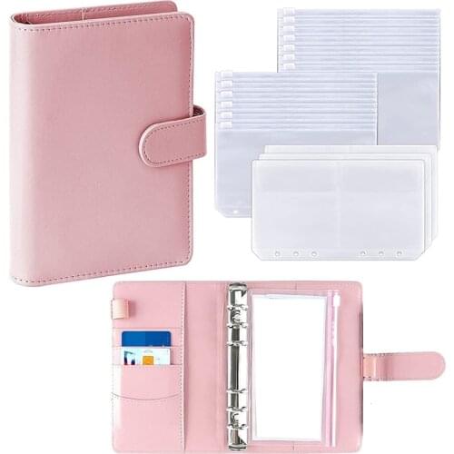 17 Pcs A6 PU Leather Binder Cover with Plastic Pockets Loose Leaf Bags 6 Ring Cash Budget Envelopes System