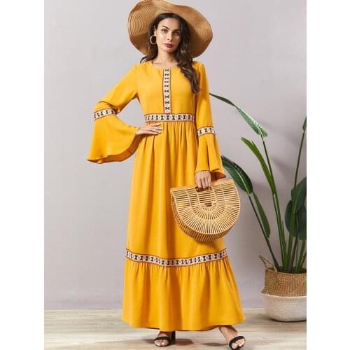 2020 NEW Elegant Maxi Dress O neck Flare Long sleeve Empire Pleated Lace Patchwork Embroidery Loose A Line Plus Size Muslim