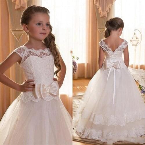 2020 First Communion Dresses For Girls Scoop Backless Appliques Flower Girls Dress Bows Tulle Ball Gown Pageant Dresses For Litt