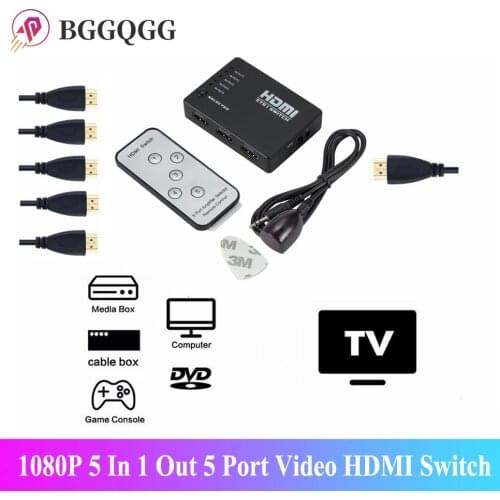 BGGQGG 5 Port 1080P 5 In 1 Out Video HDMI Switch Selector Switch Box Splitter Hub IR Remote for HDTV PS3 DVD Memory Card Adapter