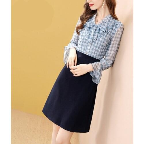 Elegant Women Bow Flared Long Sleeves Ruffle Plaid High Waist Fake Two Piece Dress 2021 Female Plaid Slim Knee Length Dresses